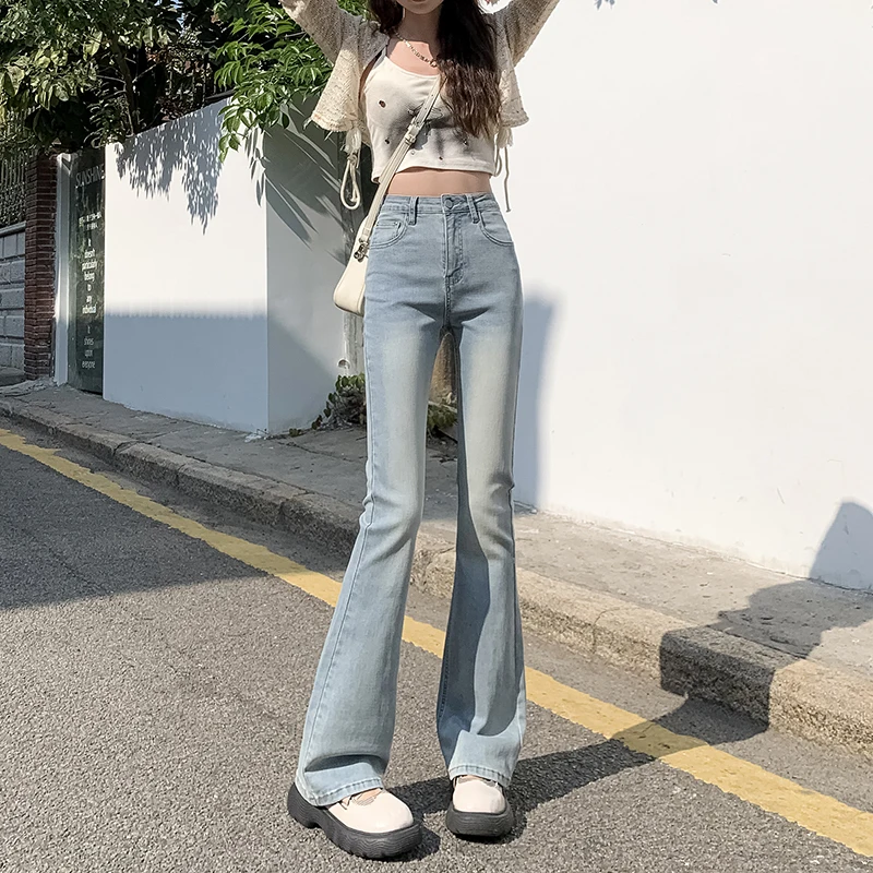 Flared Jeans Woman Vintage High Waist Women Cotton Slim Stretch Denim Tight Pant Street Style Casual Trousers Plus Length