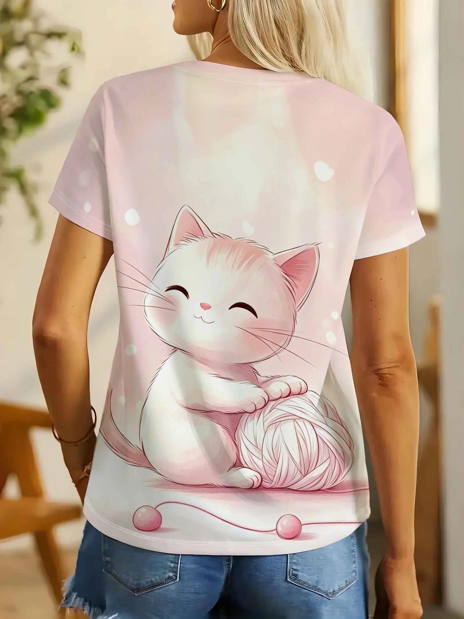 Women's Round Neck T Shirt Pink Gradient Background Cute Cartoon Cat Wool Ball Print Sweet Casual Summer Daily Ladies Clothing