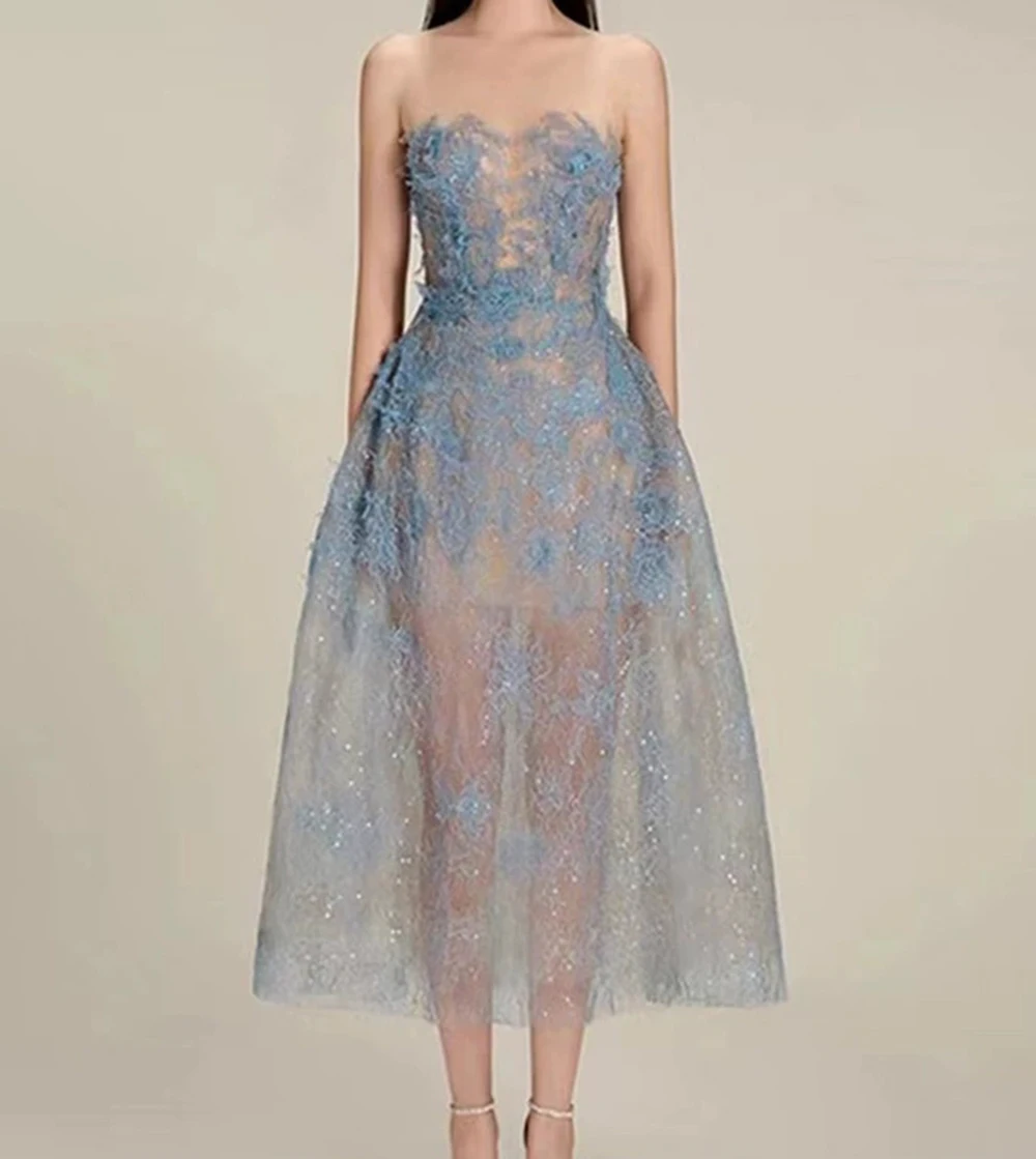 

Niche lace dress Vietnamese designer temperament three-dimensional flower sequined see-through tube top dress-GZXX679