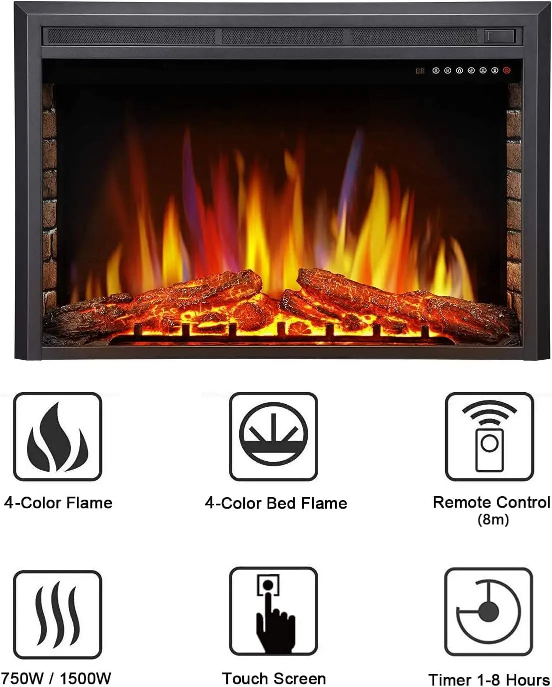 star 36" Electric Fireplace Insert, Freestanding & Recessed Electric Stove Heater, LED Adjustable Flame with Burning F