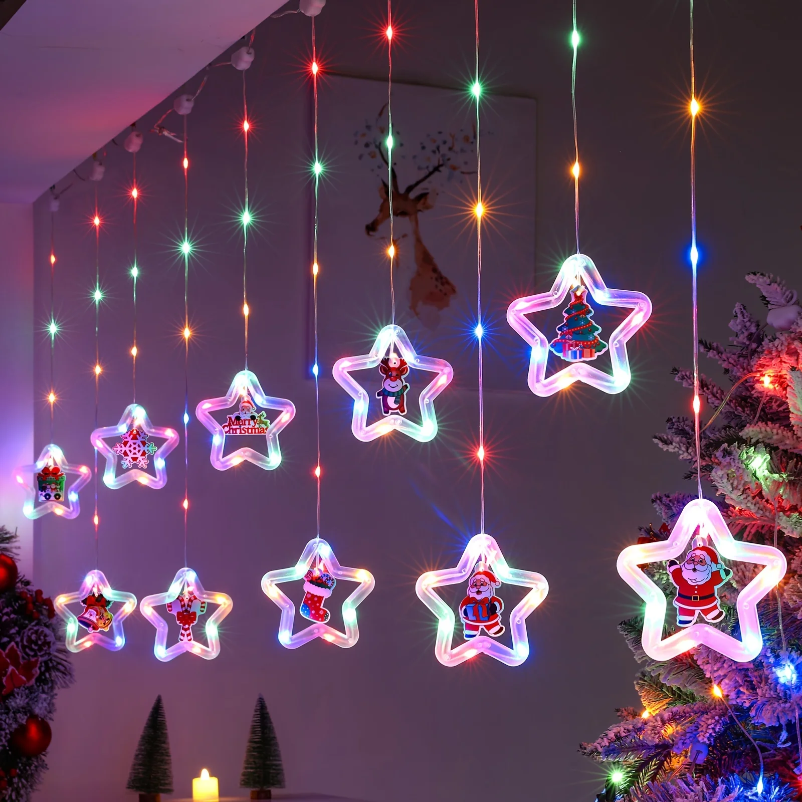 Christmas Window Lights  LED Curtain Lights,3M 8 Modes String Lights with Remote, USB Powered and waterproof battery box power