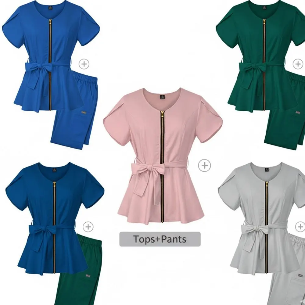伸縮性のあるタイウエストナーススクラブセット - 半袖病院手洗い用衣装
