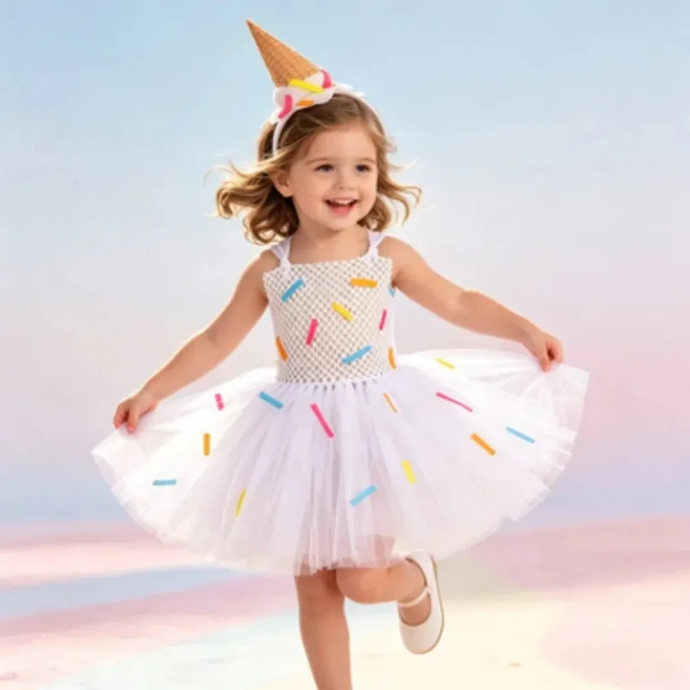 Nova Chegada: Vestido de Festa Estilo Princesa Doce, Vestido Infantil Fofo de Casquinha de Sorvete, Vestido de Tule Rodado para Meninas Pequenas com Faixa de Cabelo