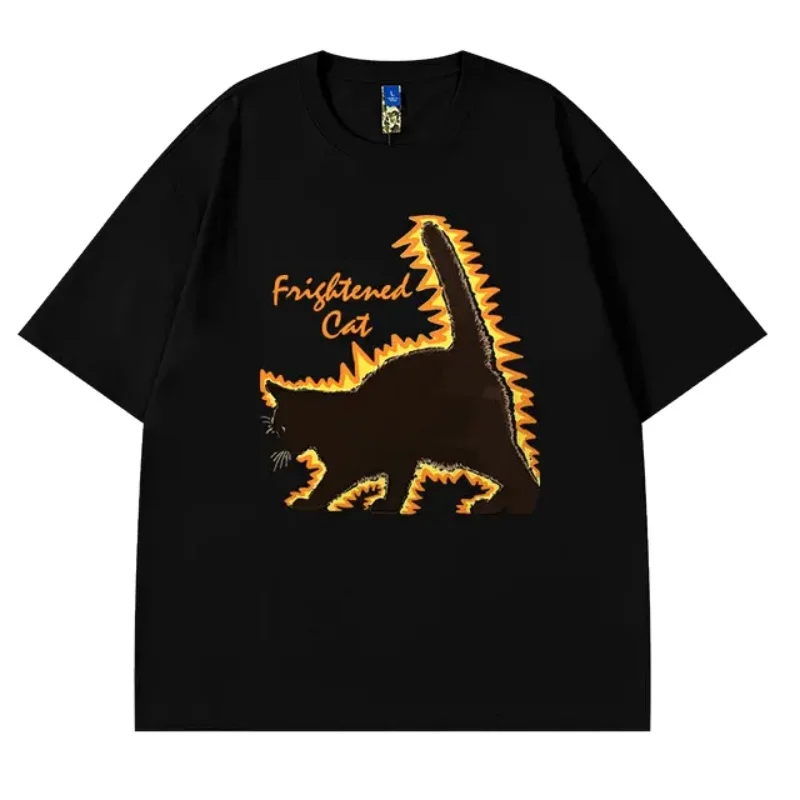 ZAZOMDE 2025 Street Vintage Anime Cat Print Short Sleeve T-shirt Men Goth Harajuku Fashion Couple Casual Loose Sports T-shirt