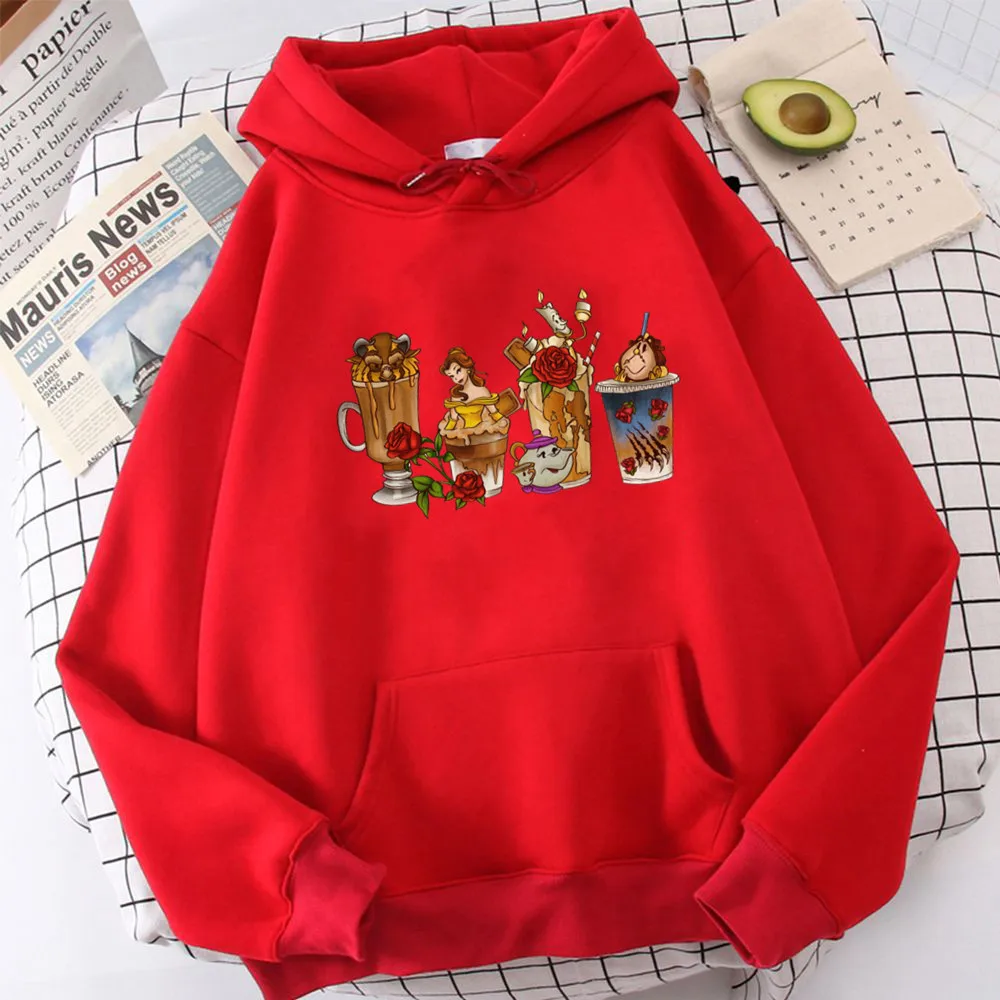 Beauty and The Beast Hoodies Women Rose Printed Fashion Casual Coffee Hoodie Sweatshirts Long Sleeve Harajuku Tops Clothing