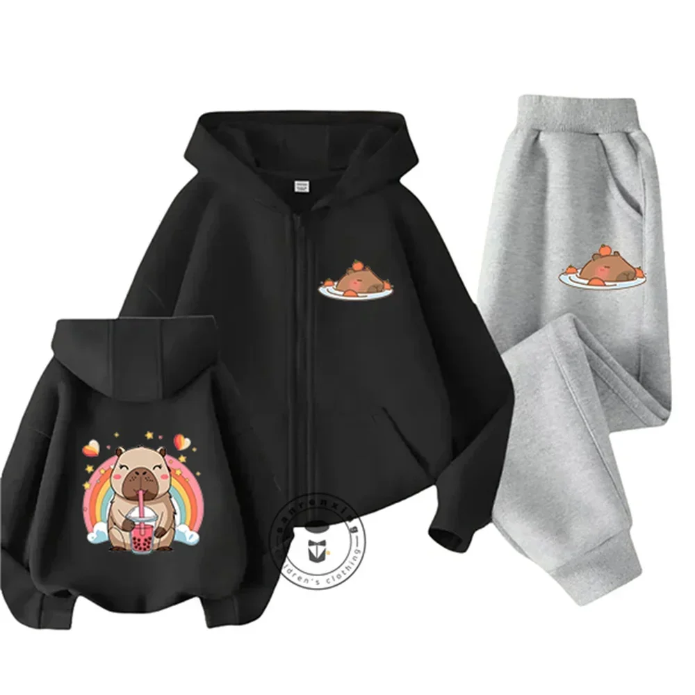 

Graphics 2 Pieces Funny Capybara Set Boys Girls Sweatshirt Sonic Fashion Kids Zipper Hoodie Anime Print Casual Top
