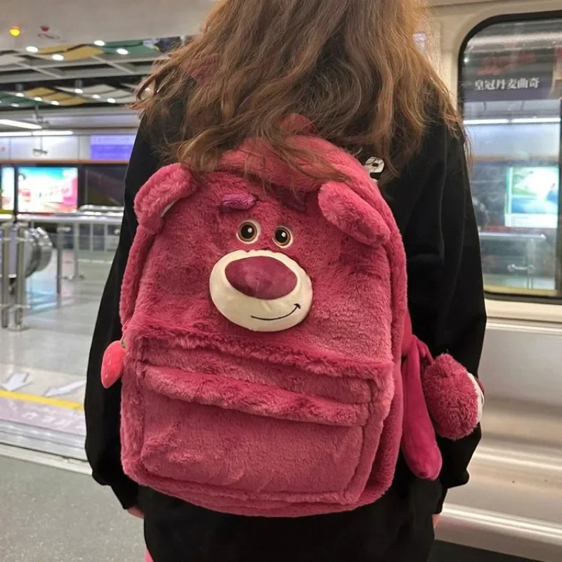 Disney Strawberry Bear Plush Cute Backpack High Capacity Light Bag Kawaii Girl Backpack School Student Young Girl Convenient Bag