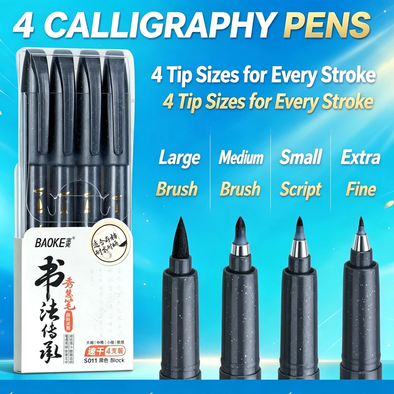 BAOKE 4Tips Calligraphy Pen Set for Writing, Drawing & Hand Lettering, Black Ink Brush Markers Sketching Art Supplies for Artist
