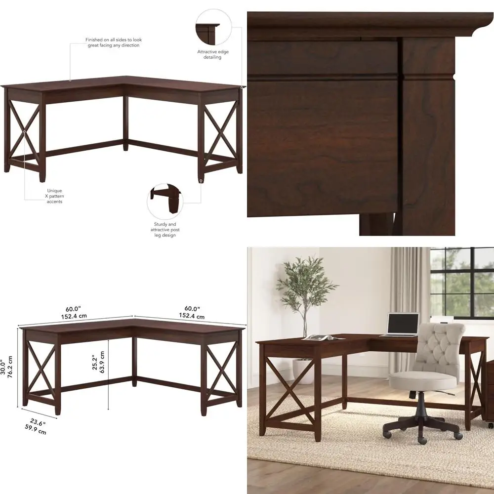 

Угловой стол Key West 60W ern armhouse из вишневого дерева, 60-дюймовый компьютерный стол или рабочее место для домашнего офиса