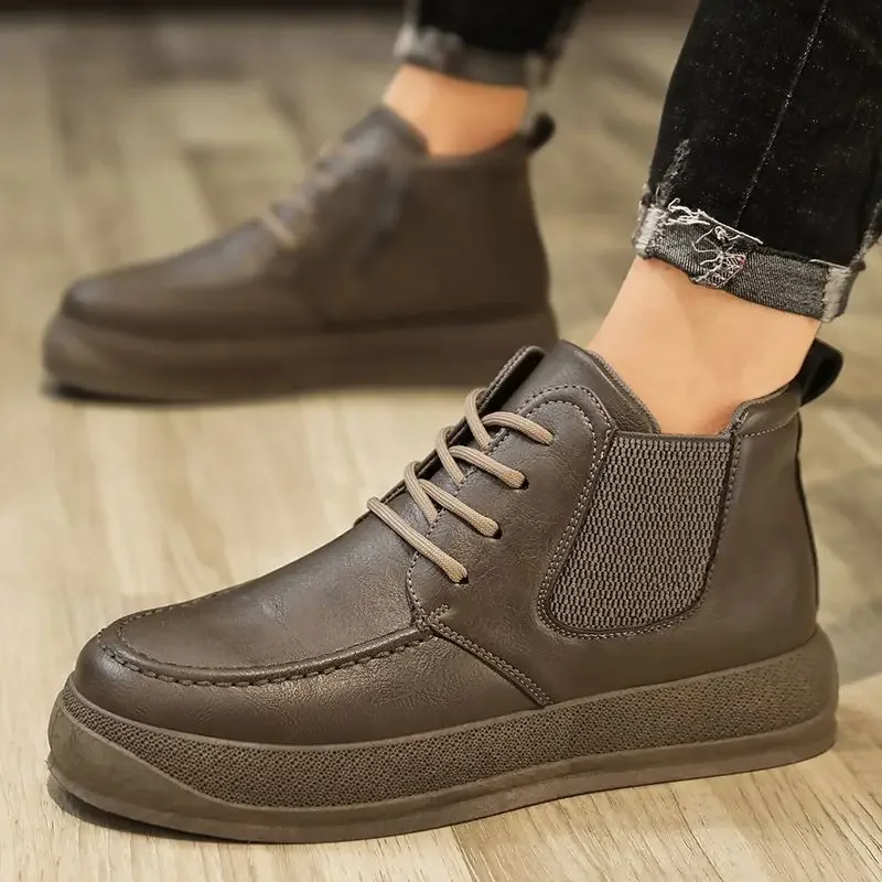 High Top New In Outdoor Men\'s Leather Shoes Size 45 On Sale Quality Fashion Pu Male Casual Boots Promotion Footwear Offer Adults