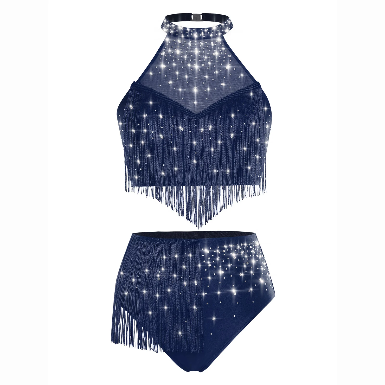 Roupas femininas para dança do ventre, tops curtos e shorts com borla, sem mangas, malha brilhante, strass, samba, apresentações de palco