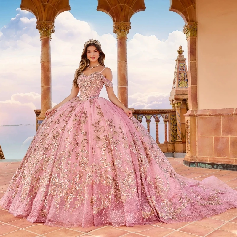 

Lorencia Pink Blush Quinceanera Dress Ball Gown Gold Lace Appliques Beading Corset Spaghetti Sweet 16 15 Robe De Soiree YQD492