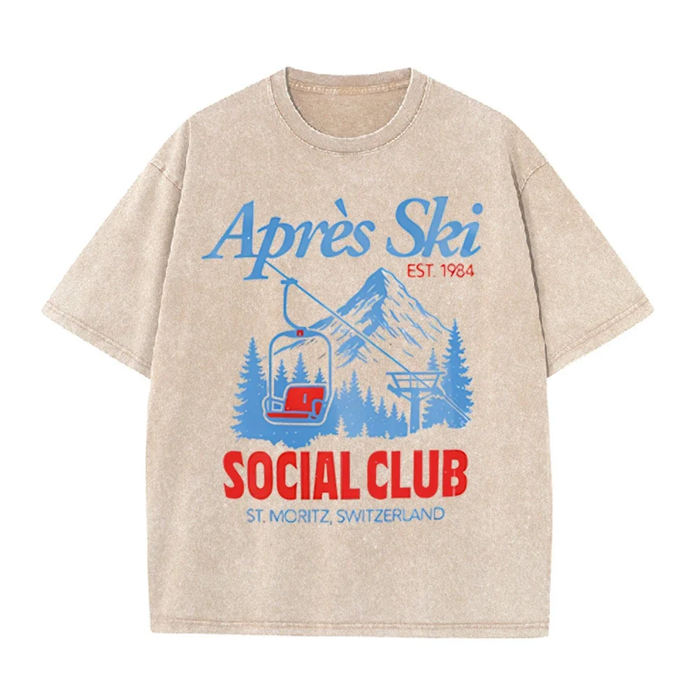 2026 Vintage Après Ski Mountain Cable Car Graphic Beige Washed T Shirt St Moritz Switzerland Outdoor Ski Social Club Oversized U