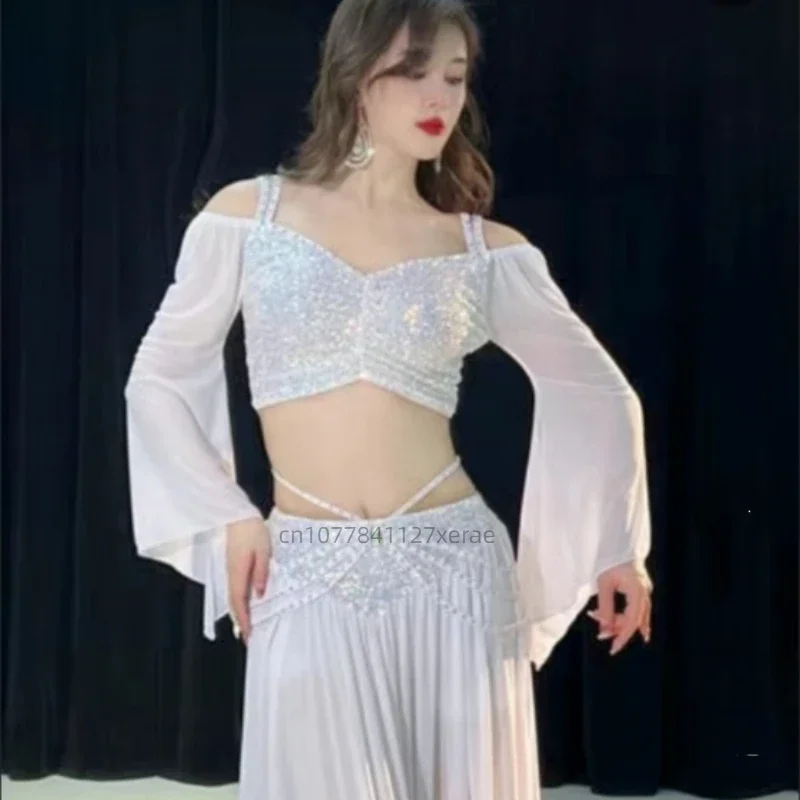 Nouveaux Costumes de danse du ventre, uniformes de classe de danse d'entraînement en maille pailletée, ensembles de danse du ventre haut et jupe, jupes à Double fente