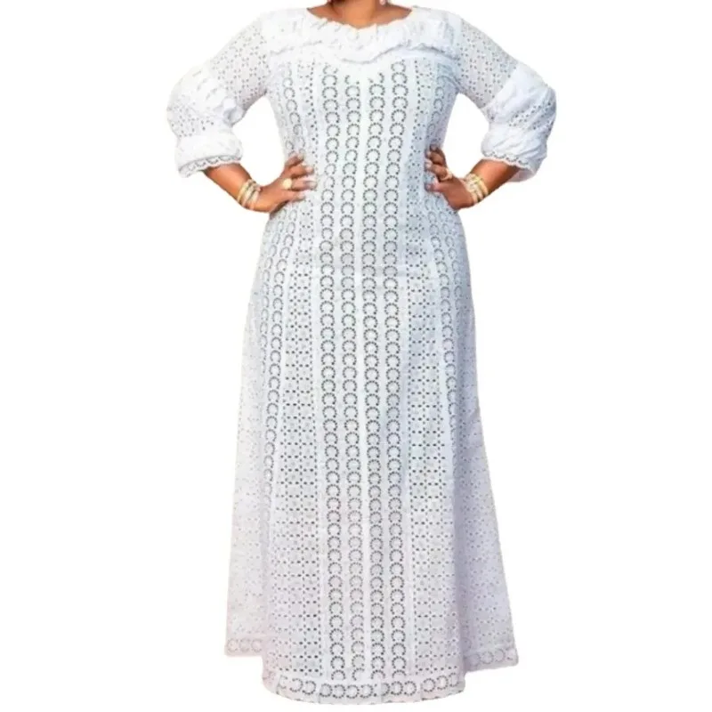 

Элегантные африканские элегантные платья для женщин, белое ажурное платье 2022, мусульманская мода, абайя, дашики, халат, кафтан, длинное платье макси M-5XL