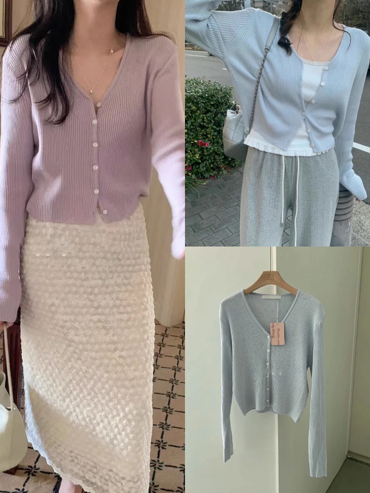 秋の東大門 V ネックニットカーディガン女性の優しいスレオルトフィットスリムアウターウェアトップカジュアルスレロングスベコットン