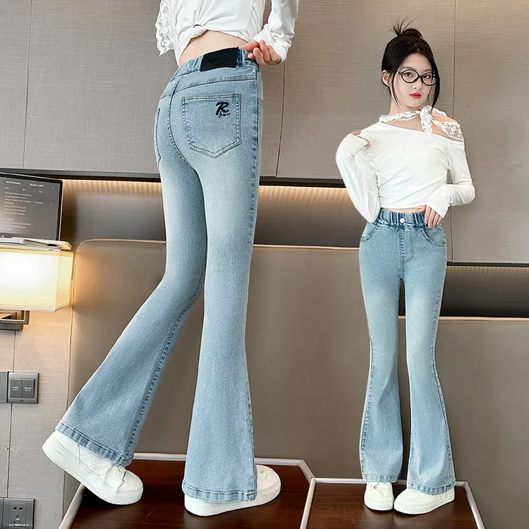 2025 Girls High Waist Streetwear Flare Jeans Female Elastic Grunge Bell Bottom Pants Kids Girls Fashion Blue Denim Trousers