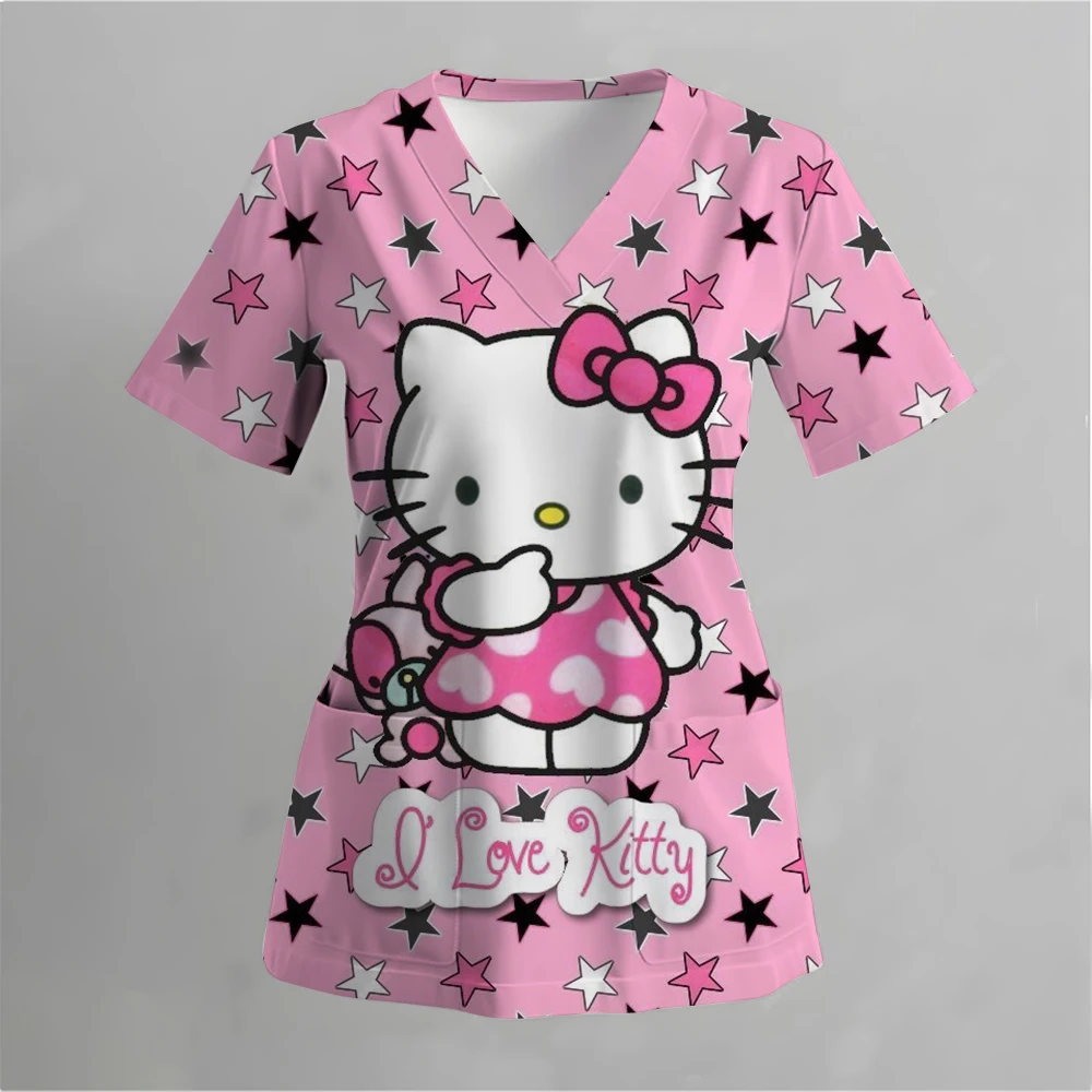 Women's Summer T-shirt V-neck Hello Kitty 3d Print Nurse Uniform Medical Care Ladies New Tops 2025 Girl's Short-sleeved T Shirt