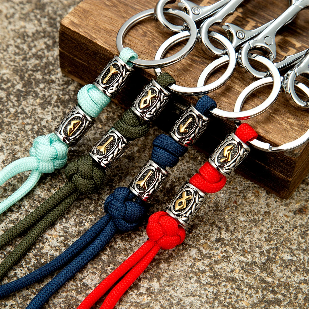 Men Viking Lanyard Keychain Stainless Steel Norse Rune Bead Woven Survival Rope Knife Car Keyring Pendant Retro Handmade Jewelry
