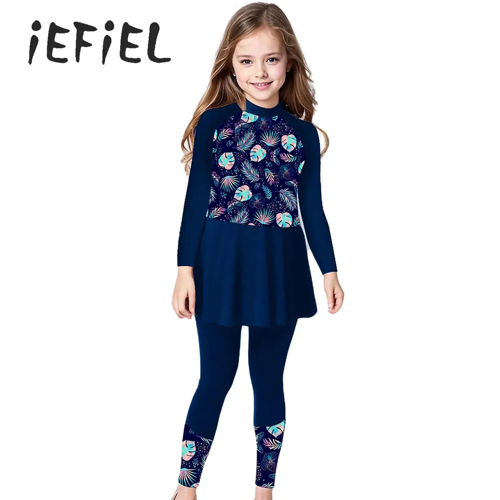

Kids Girls Rash Guards 2-Piece Swim Suits Swimsuits Long Sleeve Swim Dress And Leggings Sun Protection Beach Print Bathing Suit