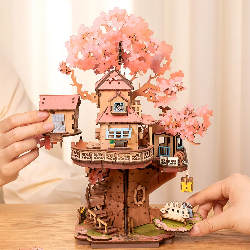 ROBOTIME Modellbausätze zum Bauen von Sakura-Baumhaus, 3D-Holzpuzzles, Heimdekoration, Geschenk für Erwachsene