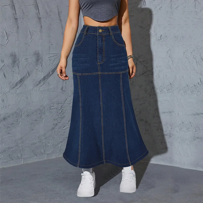 Vintage Chic Trumpet Mermaid Jeans Skirts For Women Elegant High Waist Office Lady Fashion Blue Denim Long Skirt Female Clothing