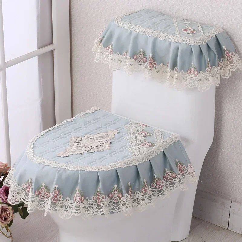 2027 4 Seasons High Grade Lace Fabric Zippered Toilet Three Piece Set Household Toilet Seat Cushion Cover Closestool Skirt