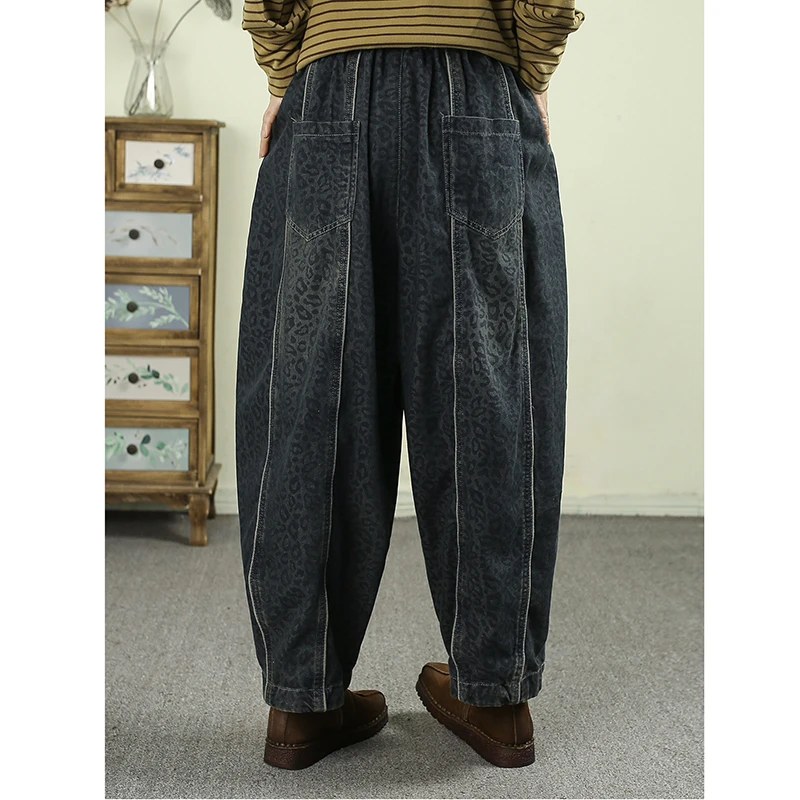 26 New Arrival Spring Arts Style Women Leopard Print Ankle-length Pants Jeans Elastic Waist Casual Loose Harem Pants Jeans Q112