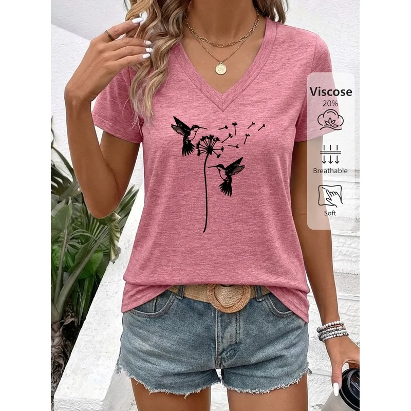 Colorful V-Neck Short Sleeves with a Hummingbird And Dandelion Pattern, Made from Soft, Skin-Friendly Natural. Perfect for