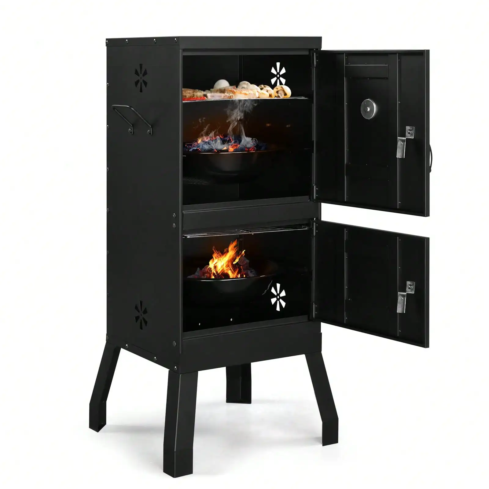 

Vertical Steel Charcoal Smoker, Heavy Duty Double Layer Round BBQ Grill For Outdoor Cooking, Black,Barbecue Stove, Grill
