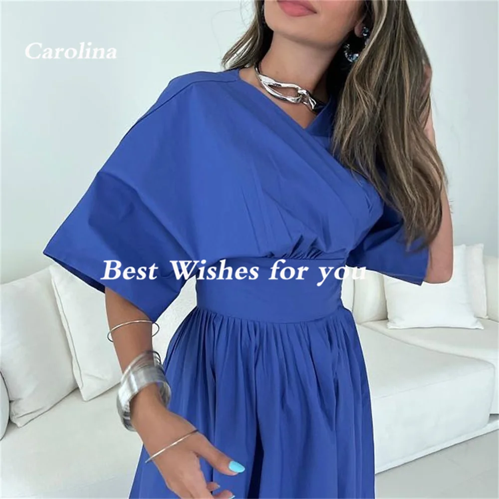 Carolina Elegant V-Neck Evening Dresses Blue Half Sleeves Open Back A-Line Simple Vintage Robe De Mariée Party Gown Women