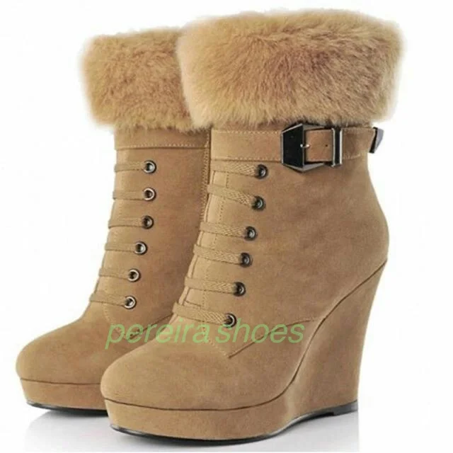 

Lady Suede Fur Wedges Heel Ankle Boots Warm Winter Dress Runway Platform Footwear Size Buckle Strap Suede Warm Gladiator Boots