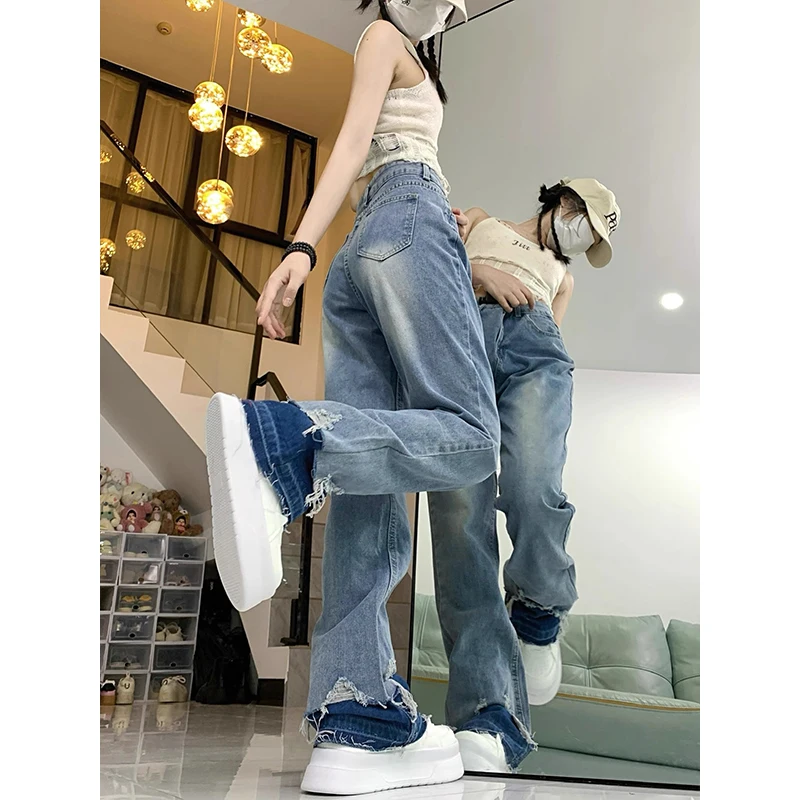 

90S New Blue Women Jeans High Waist American Contrasting Colors Fashion Streetwear Wide Leg Jean Female Trouser Baggy Denim Pant