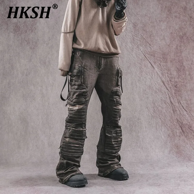 

HKSH Men's Punk Heavy Industry 3D Patchwork Pockets Layered Retro Overalls Washing Wide Legged Flared Waste Land Overalls HK0811