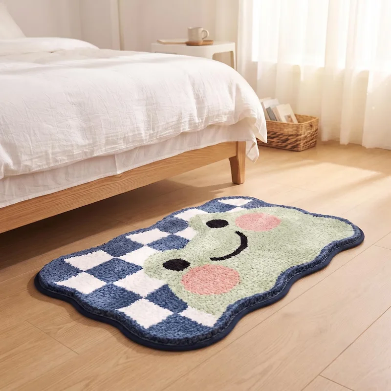 VIKAMA Cute Smiling Frog Wavy Irregular Rug Blue White Checkered Soft Fluffy Non Slip Bedroom Bedside Floor Mat Home Decor
