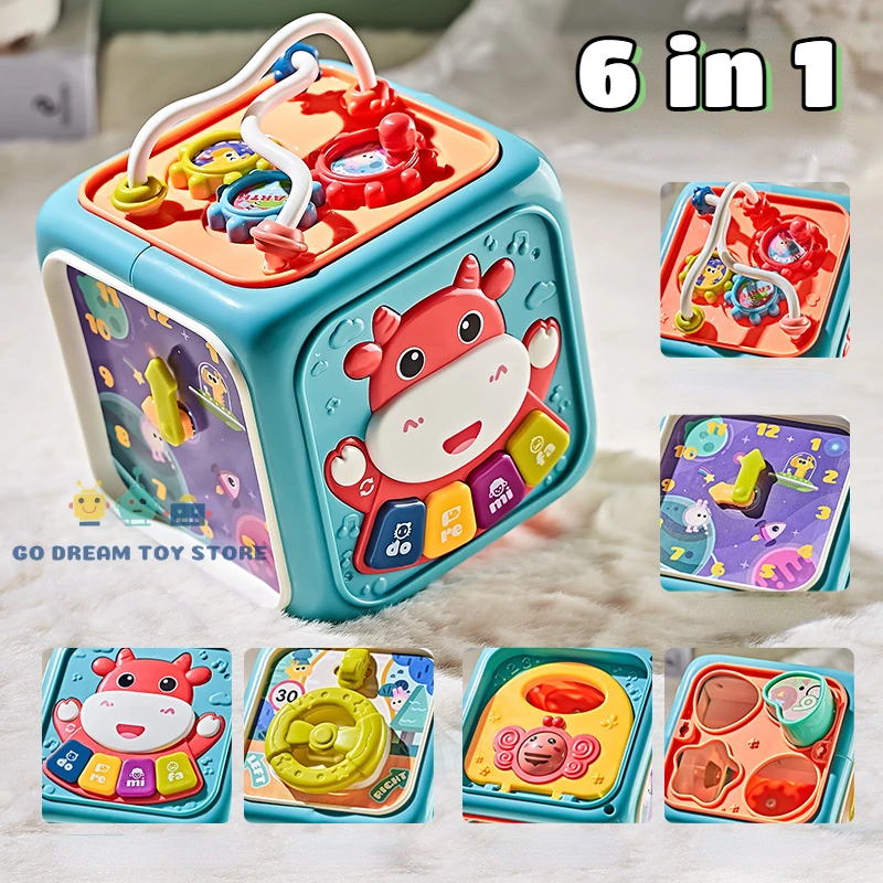 

6 In 1 Baby Activity Cube Toddler Toys Educational Shape Sorter Musical Toy Bead Maze Counting Discovery Toys For Kids Learning