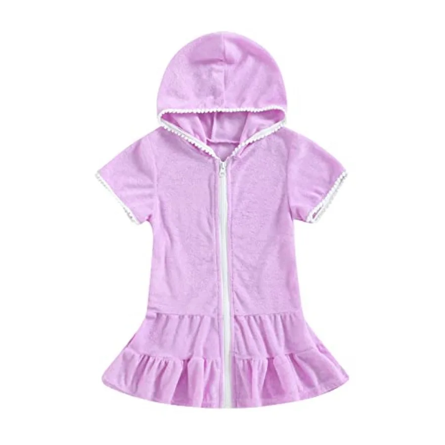 Girls Swim Cover Up Short Sleeve Swimsuit Coverups Terry Zip-Up Hoodies Beach Dress Ruffle Bathing Suit Wraps