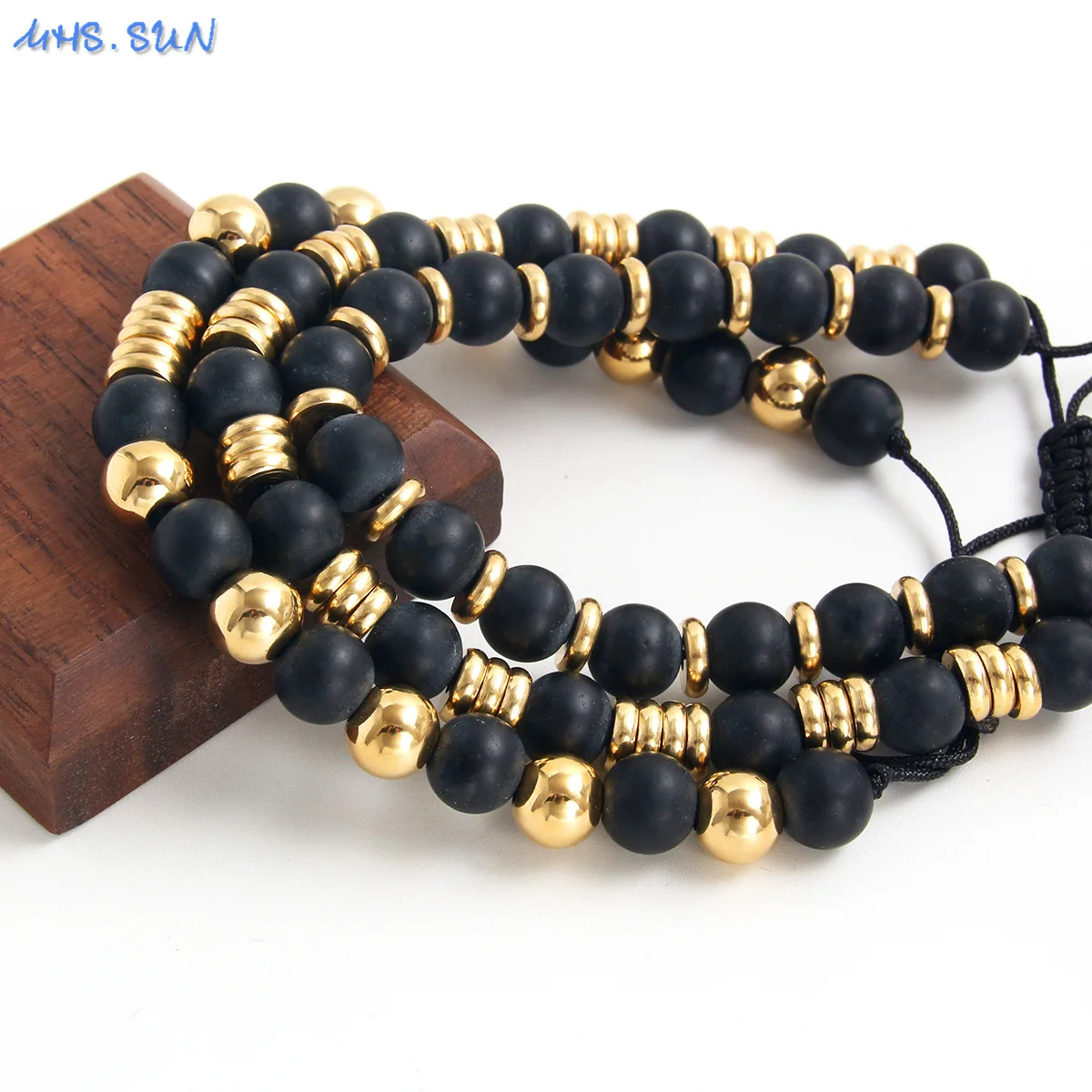 MHS.SUN Classic Black Frosted Stone Beads Bracelets Adjustable Gold Plated Stainless Steel Women Men Anniversary Jewelry