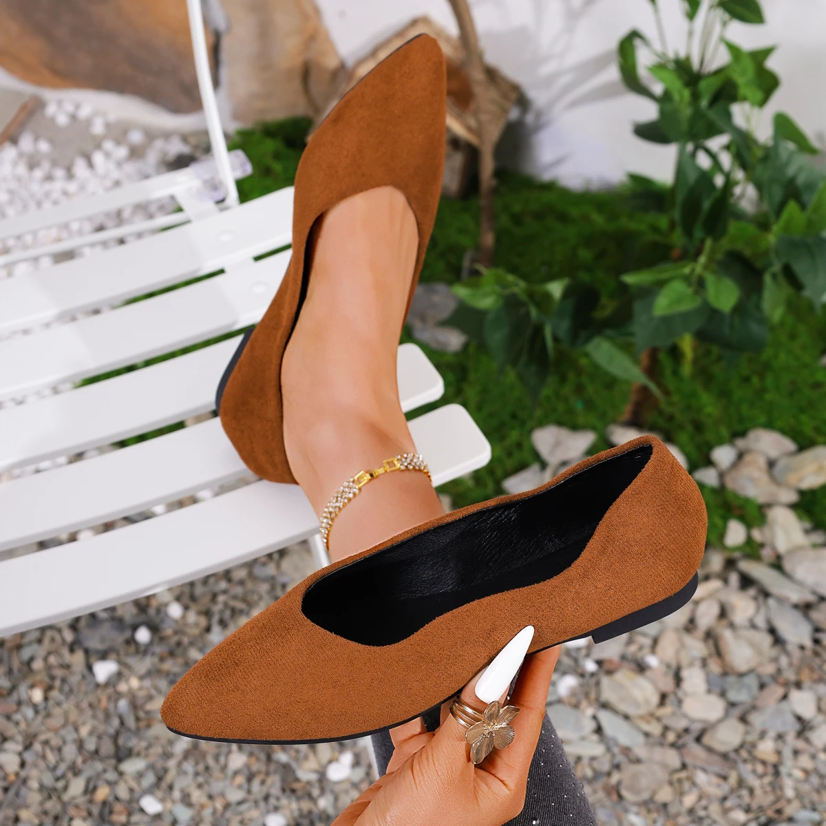 

English: Women Brown Suede V-Cut Pointed Toe Flats Casual Comfortable Slip On Flat Shoes Female Work Footwear