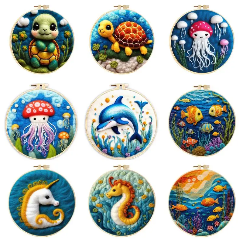 

CHENISTORY Diy Wool Embroidery Kit Jellyfish Turtle Fish Painting Creative Diy Wool Needle Felt Picture Kit Craft Painting Gift