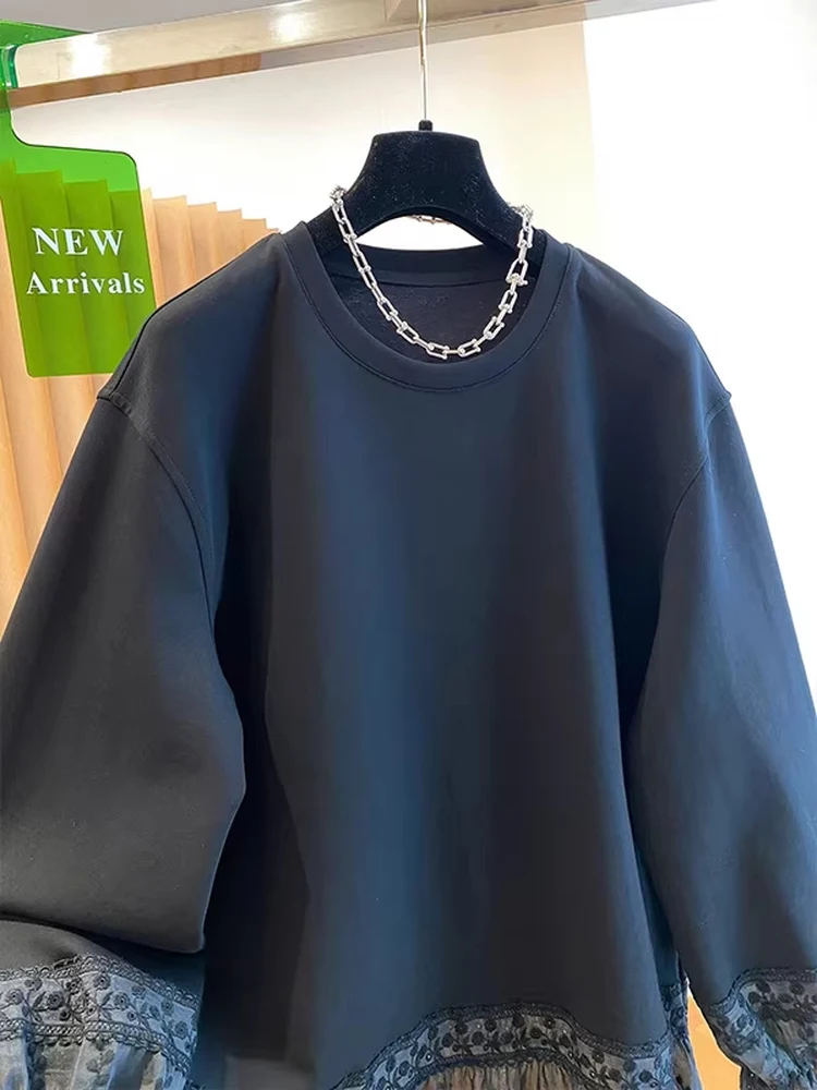 Extra Large 300 Pounds Lace Trim Splice Long Sleeve Women's Design Loose Base Shirt Anti-Aging Top Korean Style Polyester Fabric