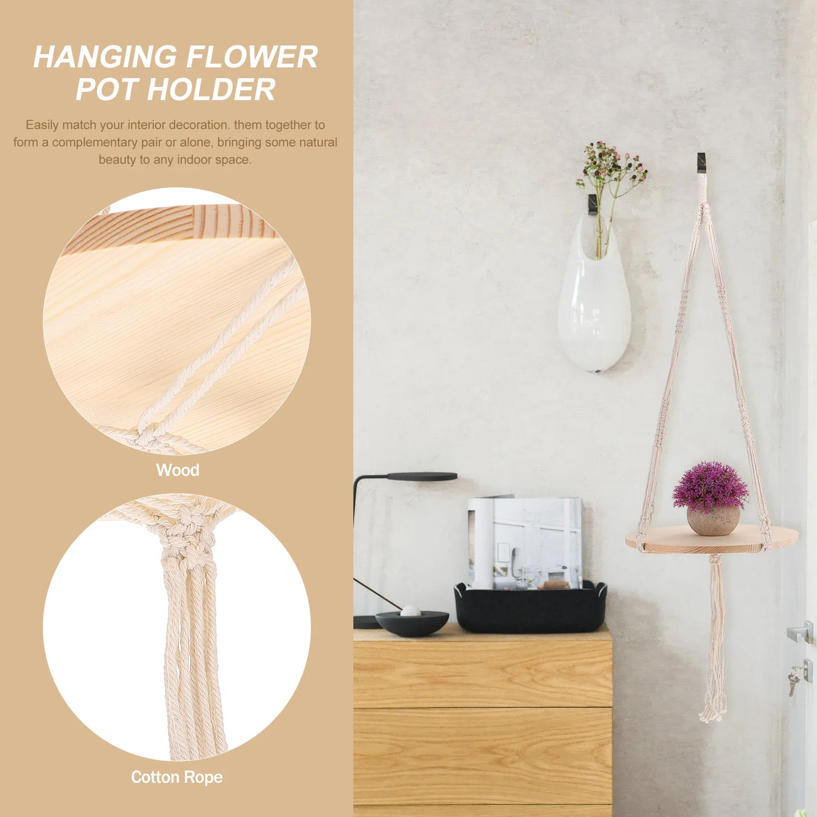 

Wooden Ring Woven Basket Planter Flower Pot Holder For Indoor Outdoor Plant Hanging Tool Macrame Shelf