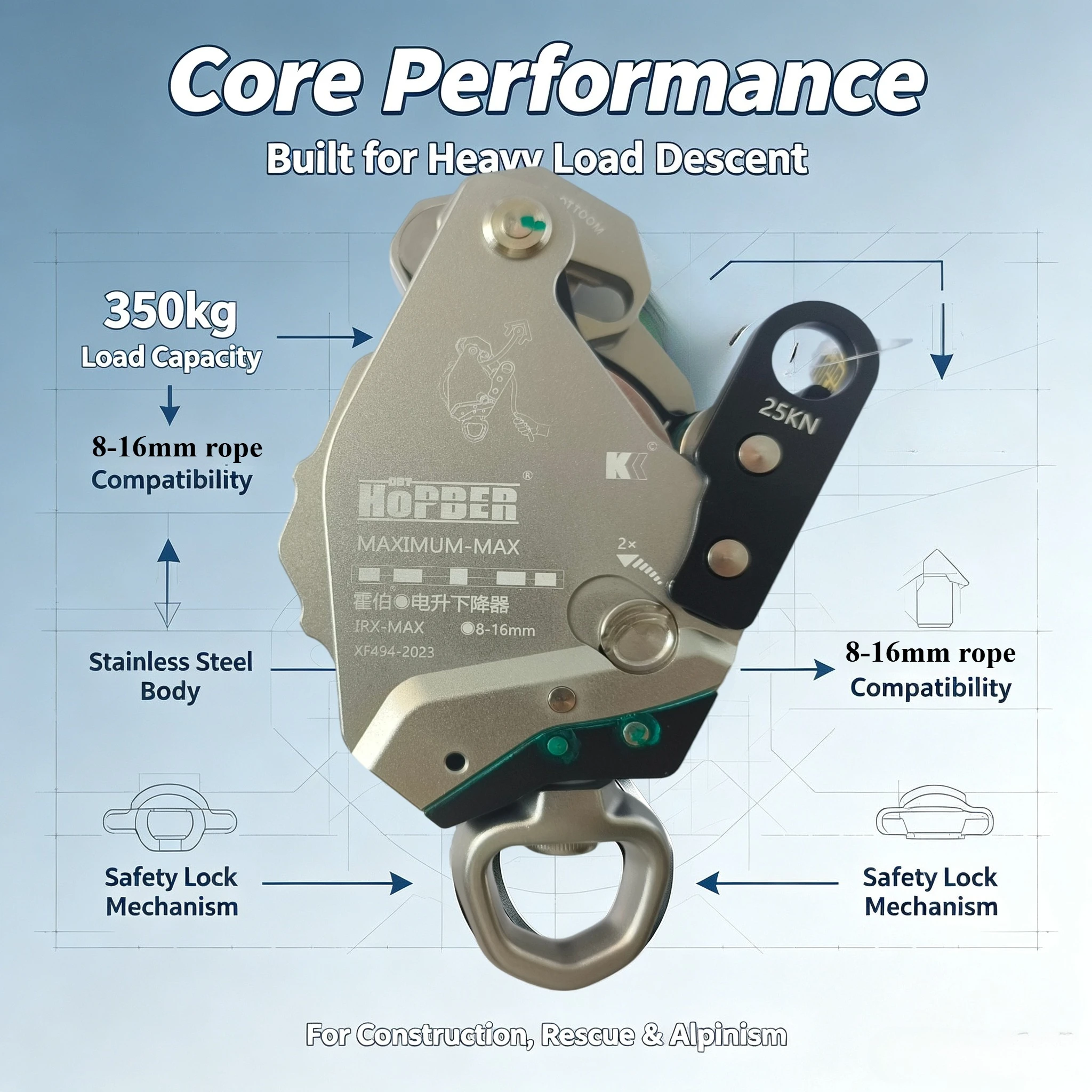 HOPBER z3 Electric Descender Device Load 350kg lifting/lowering Device for 8-16mm rope Air conditioner installation