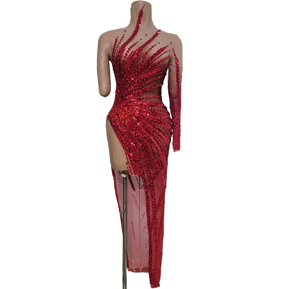 

Блестящее красное платье с пайетками и одним рукавом, с разрезом, женское, сексуальное, из сетки, прозрачное, для выступлений, на день рождения, праздничное