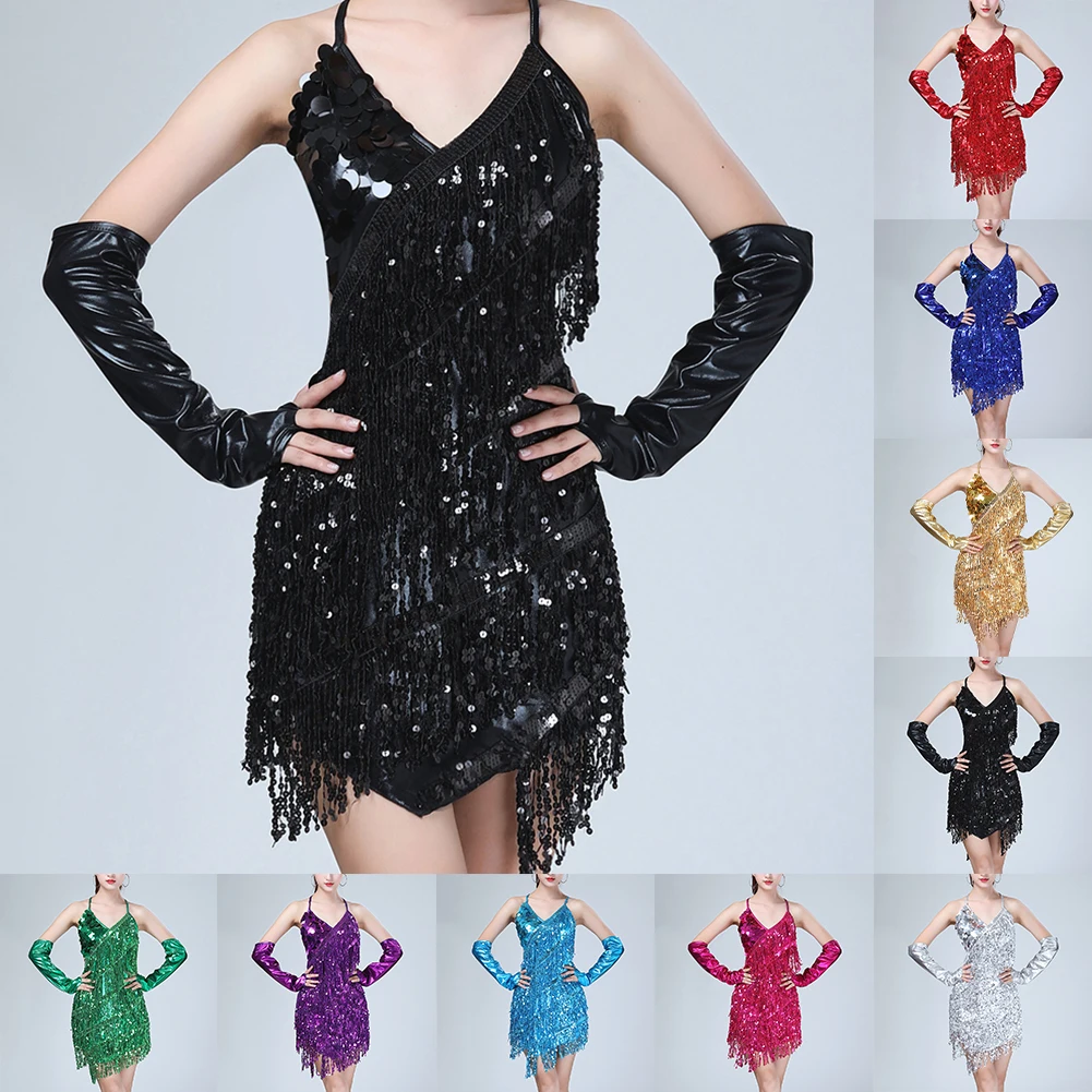 Competitiekleding Damesjurk Alle seizoenen Backless kostuum Halter Neck Feestjurk Prom Pailletten Latin Mouwloos