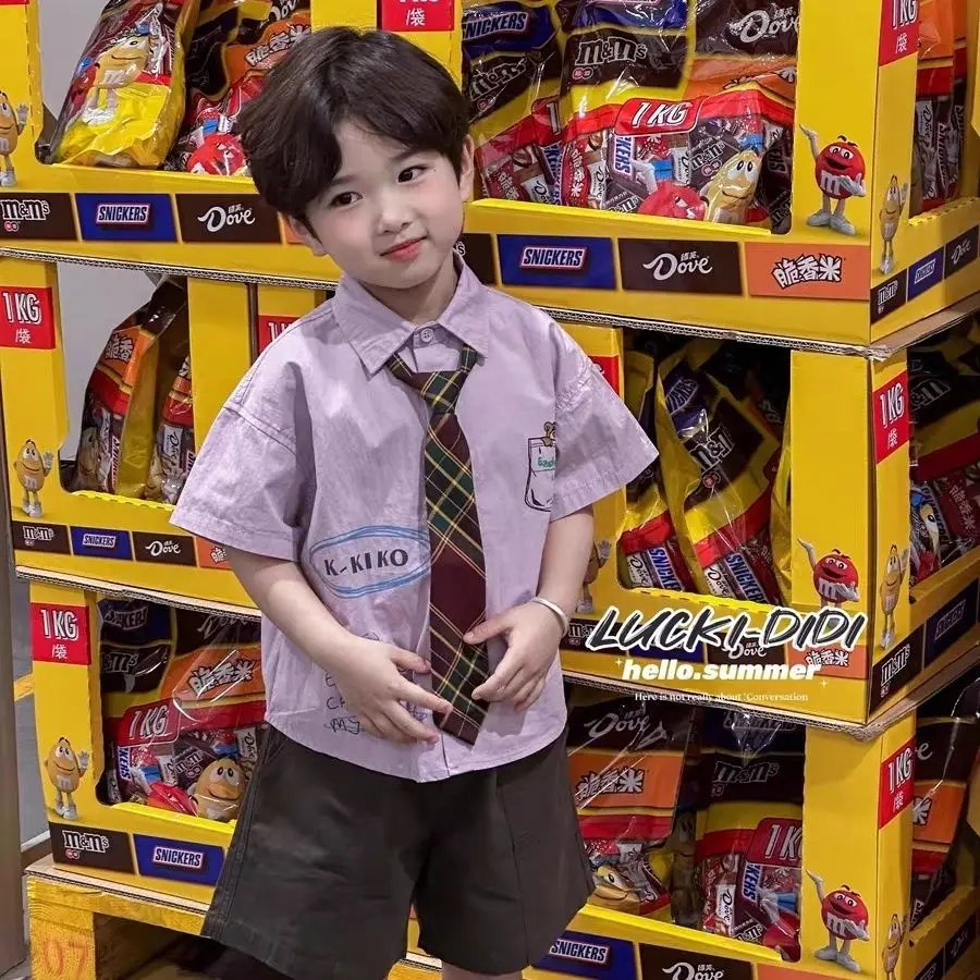 

Summer Fashion Baby Boys Kids Purple Short sleeve Shirt Tie+Shorts 2pcs Children Set Casual Sportswear Streetwear Handsome Suits