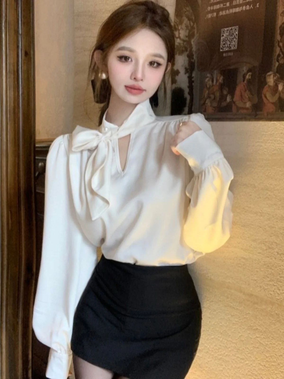 

Ele Chic Long Sve Women's irt Inner Wear Faionable Korean Sle Loose Fit Splice Fabric Spring Season Pure Color