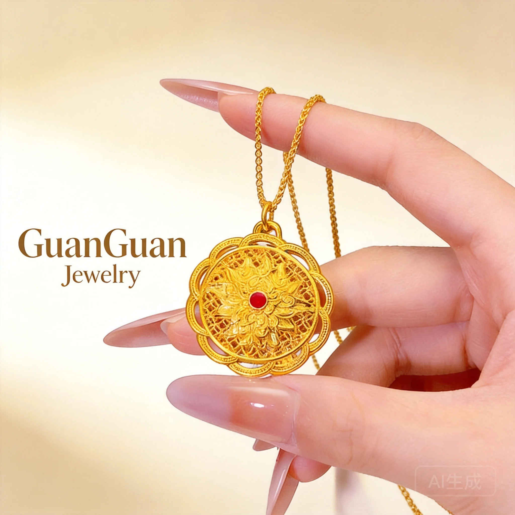 2026 Chinese Style Women's Gold Plated Copper Pendant Necklace Hollow Sunflower Fu Character Compass Design Daily Wear Jewelry
