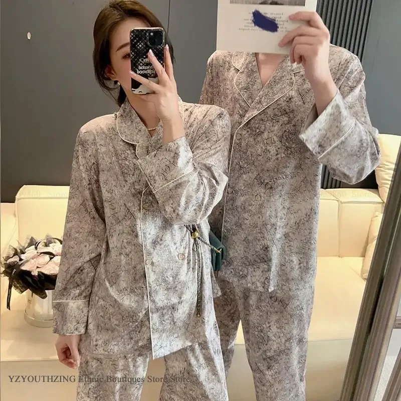 Couple Pajamas Set Fashion Print Long Sleeve Trouser Suits Home Clothes Spring Summer New Men Sleepwear Loose Satin Loungewear