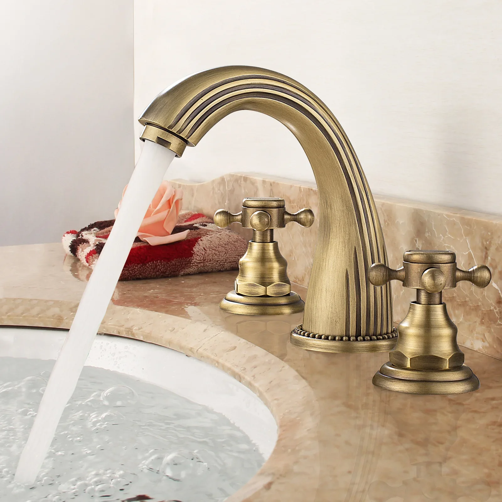 Solid Brass Antique-Style Three-Hole Basin Tap Bathroom Double-Handle Three-Piece Set Splash-Proof Domestic Hot & Cold Mixer Tap